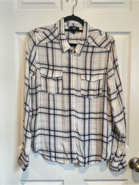 PAIGE Cream Plaid Lightweight Button-Up with Navy & Red Lines